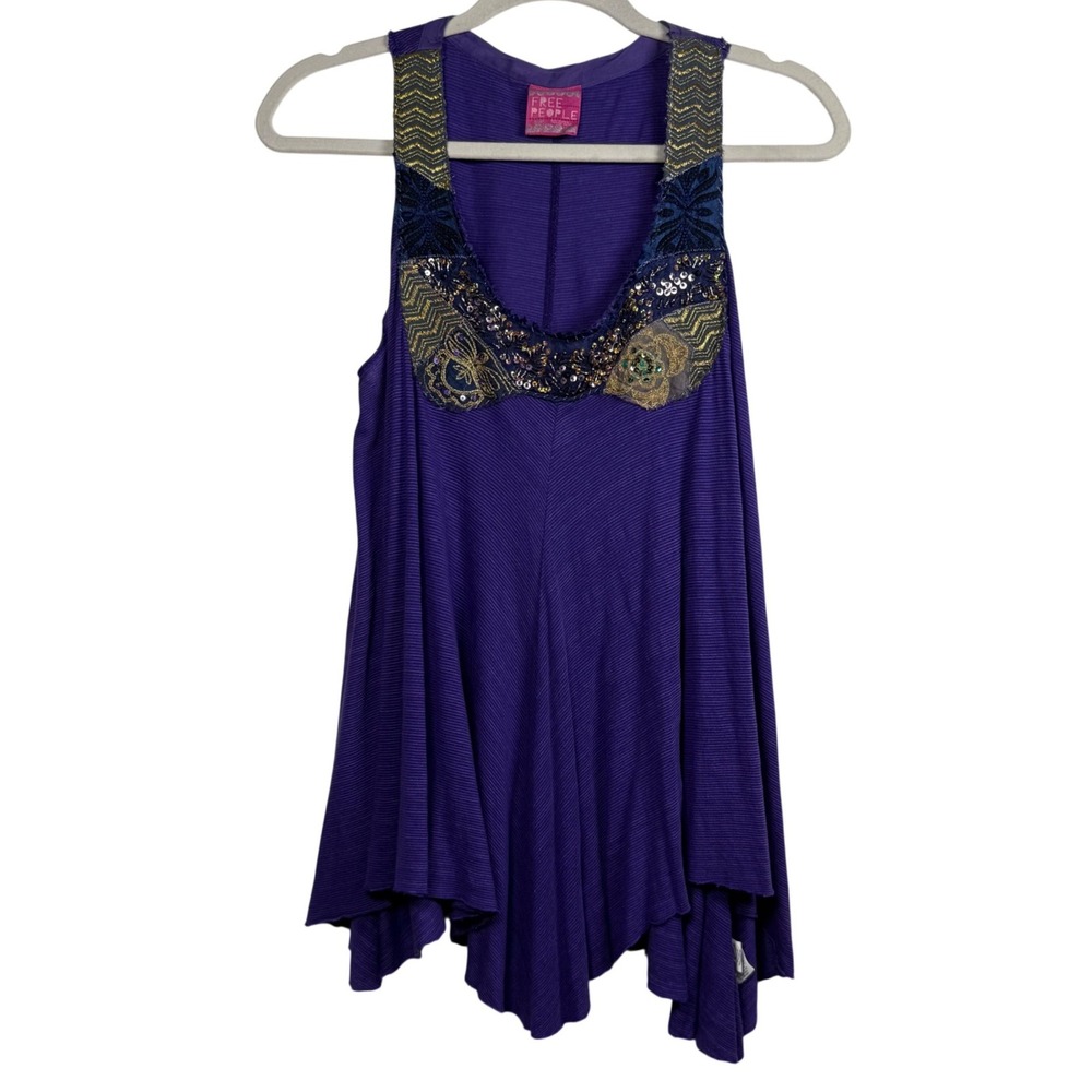 Free People Purple Embellished Sequin Tank Top Boho Handkerchief Hem Ribbed